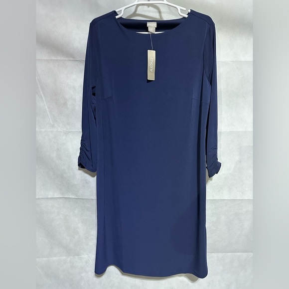Chico's Dresses & Skirts - NWT Chicos 2 Size 12-14 Slinky Stretch Navy Blue 3/4 Ruched Sleeve Sheath Dress